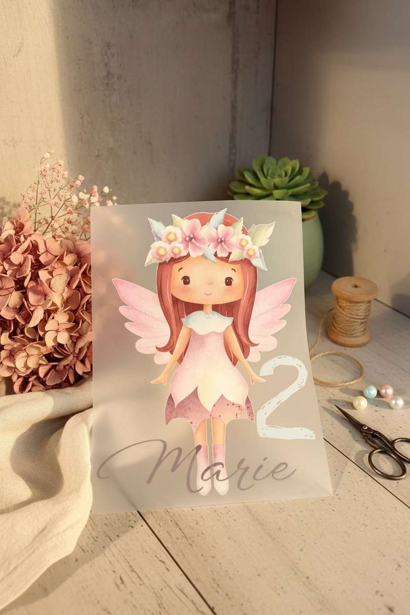 Fee Rosa Bügelbild für Kindergeburtstag – DTF Transfer Name & Zahl personalisierbar