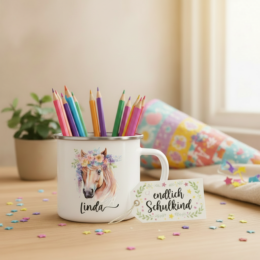 Emailletasse Pferdekopf mit Blumen Sublimationsdruck