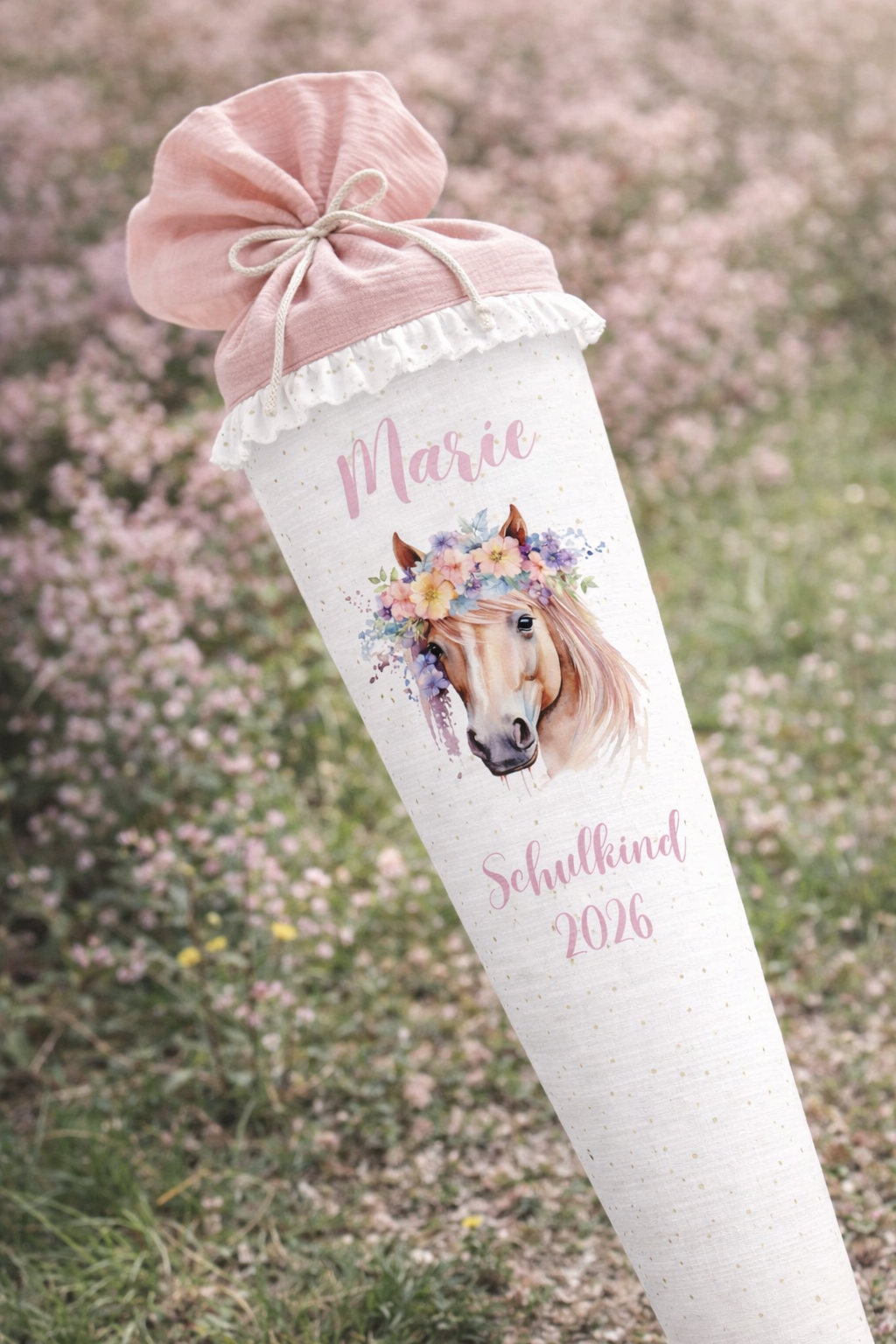 DTF Transfer Pferd mit Name für Schultüte aus Stoff