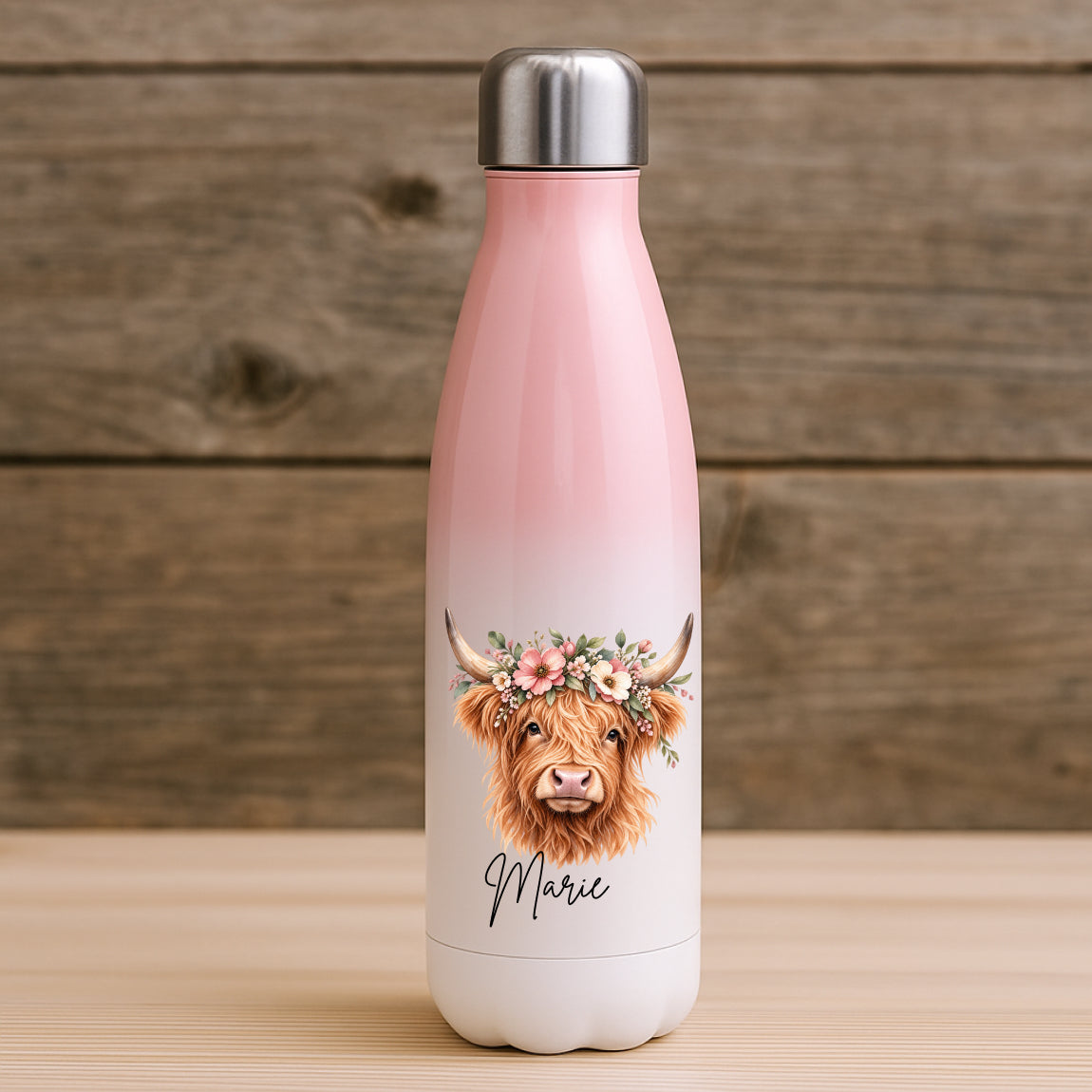Personalisierte Thermosflasche Kinder mit Hochlandrind und Name