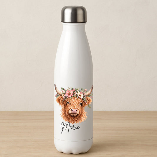 Weiße Thermosflasche für Kinder mit Hochlandrind und Wunschname