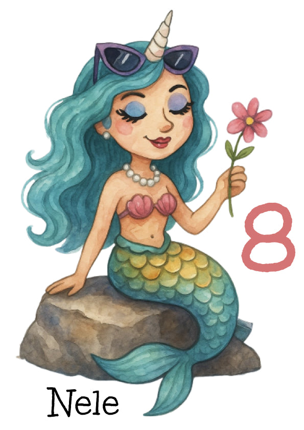 Detailansicht Einhorn Meerjungfrau Bügelbild, schimmernde Farben, verspielte Details, hochwertiger DTF Druck