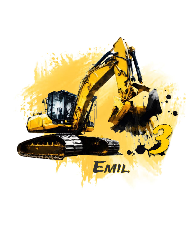 Detailansicht DTF Bügelbild Bagger für Kinder, personalisierbar mit Name und Zahl, kräftige Farben, perfekt für Geburtstag und Baustellen-Shirts