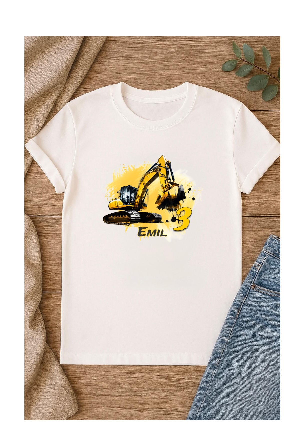 DTF Bügelbild Bagger für Kinder, personalisierbar mit Name und Zahl, kräftige Farben, perfekt für Geburtstag und Baustellen-Shirts