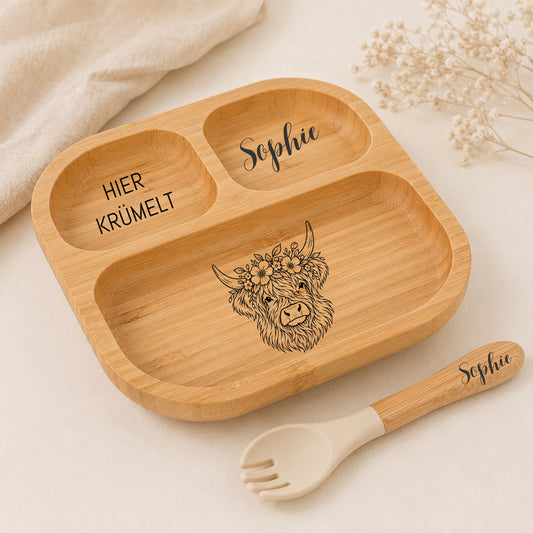 Personalisierter Bambusteller Kinder mit Hochlandrind und Name