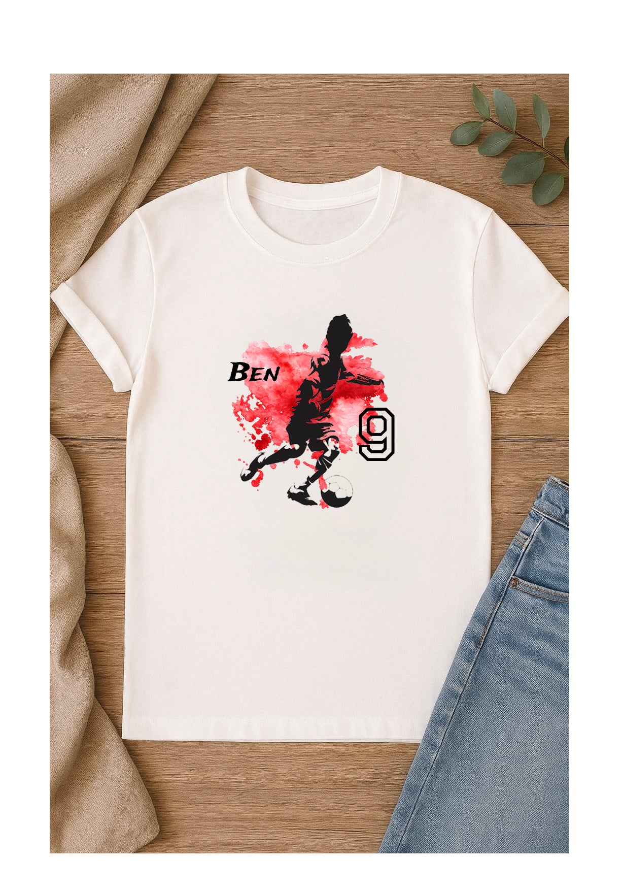 Personalisiertes Fußball DTF Bügelbild mit Name und Alter auf Kinder T-Shirt