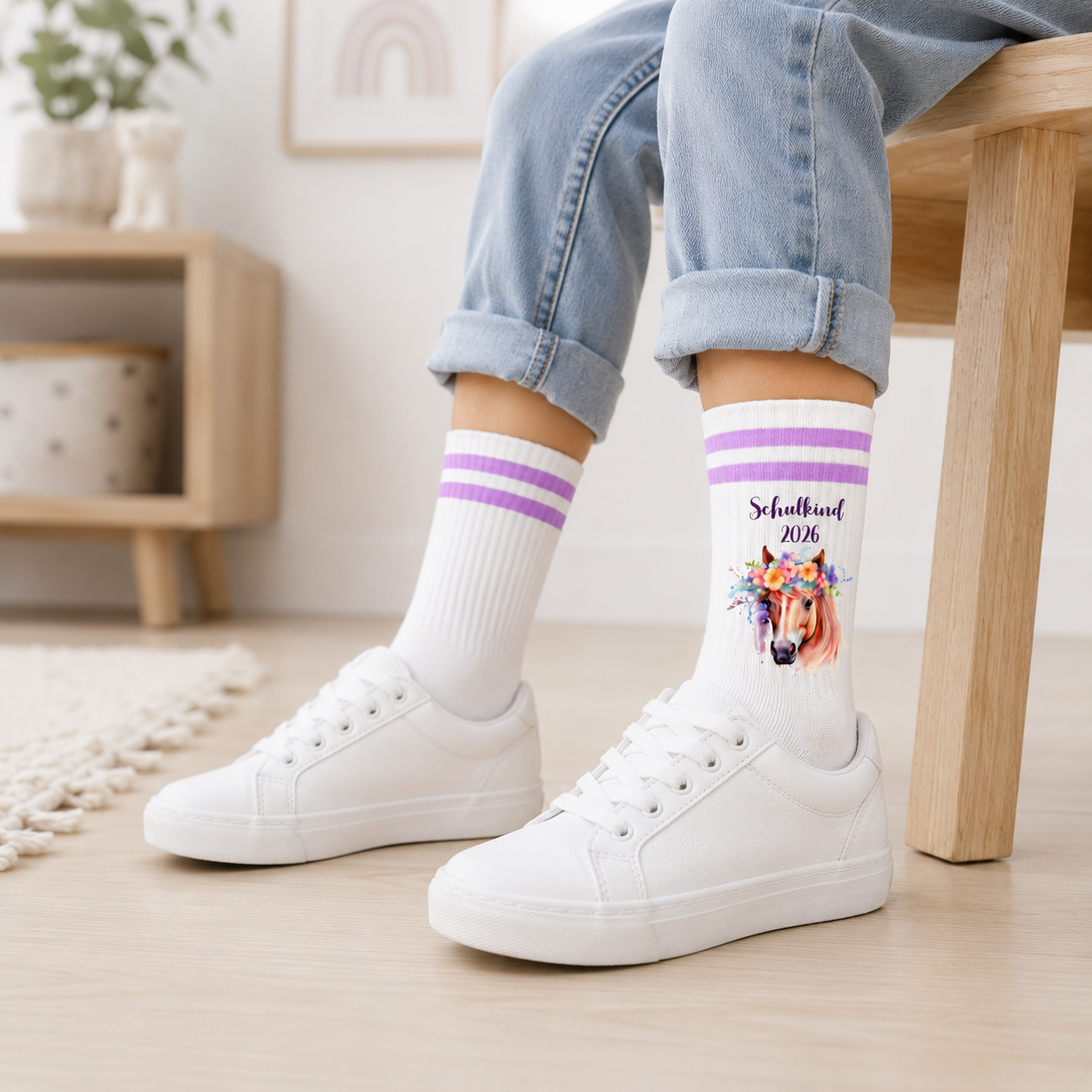 Personalisierte Pferde-Socken zur Einschulung mit Name | Schulkind 2026