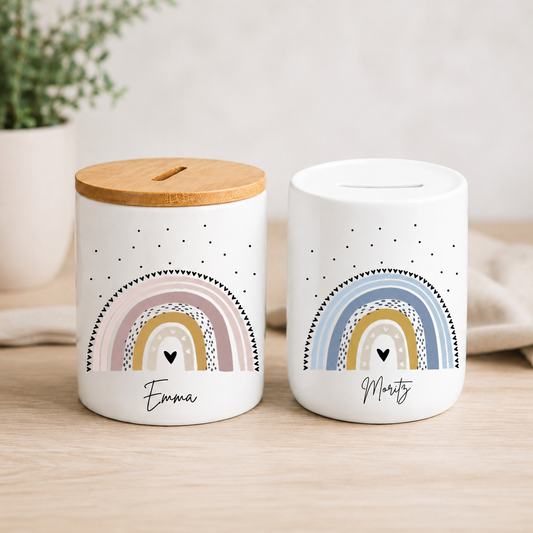 Personalisierte Spardose mit Regenbogen – Geschenk zur Geburt, Taufe, Geburtstag & Einschulung