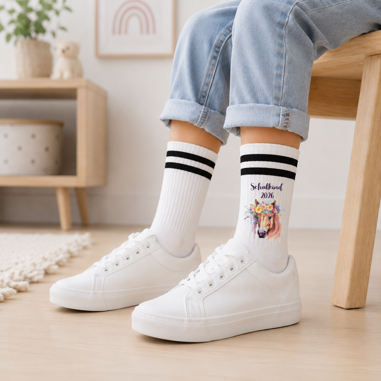 Personalisierte Pferde-Socken zur Einschulung mit Name | Schulkind 2026