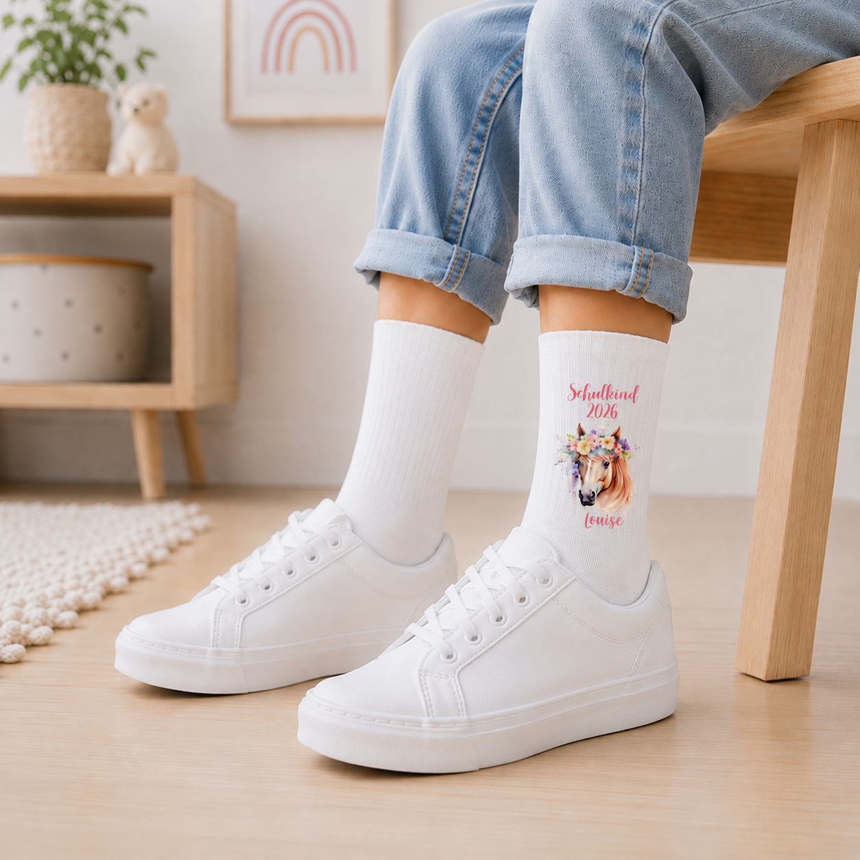 Personalisierte Pferde-Socken zur Einschulung mit Name | Schulkind 2026