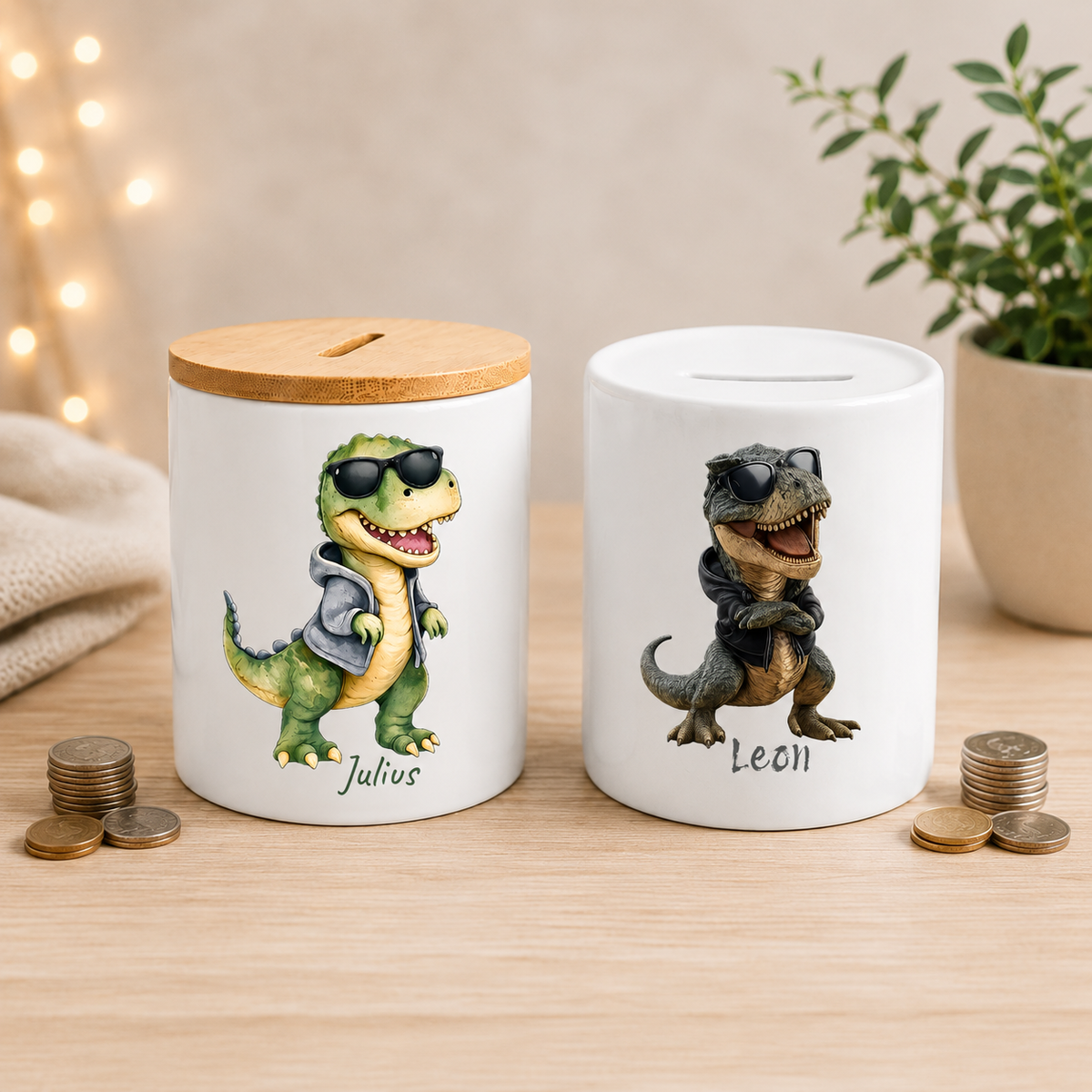 Personalisierte Dinosaurier Spardosen für Kinder – niedlicher Dino und cooler T-Rex mit Wunschname