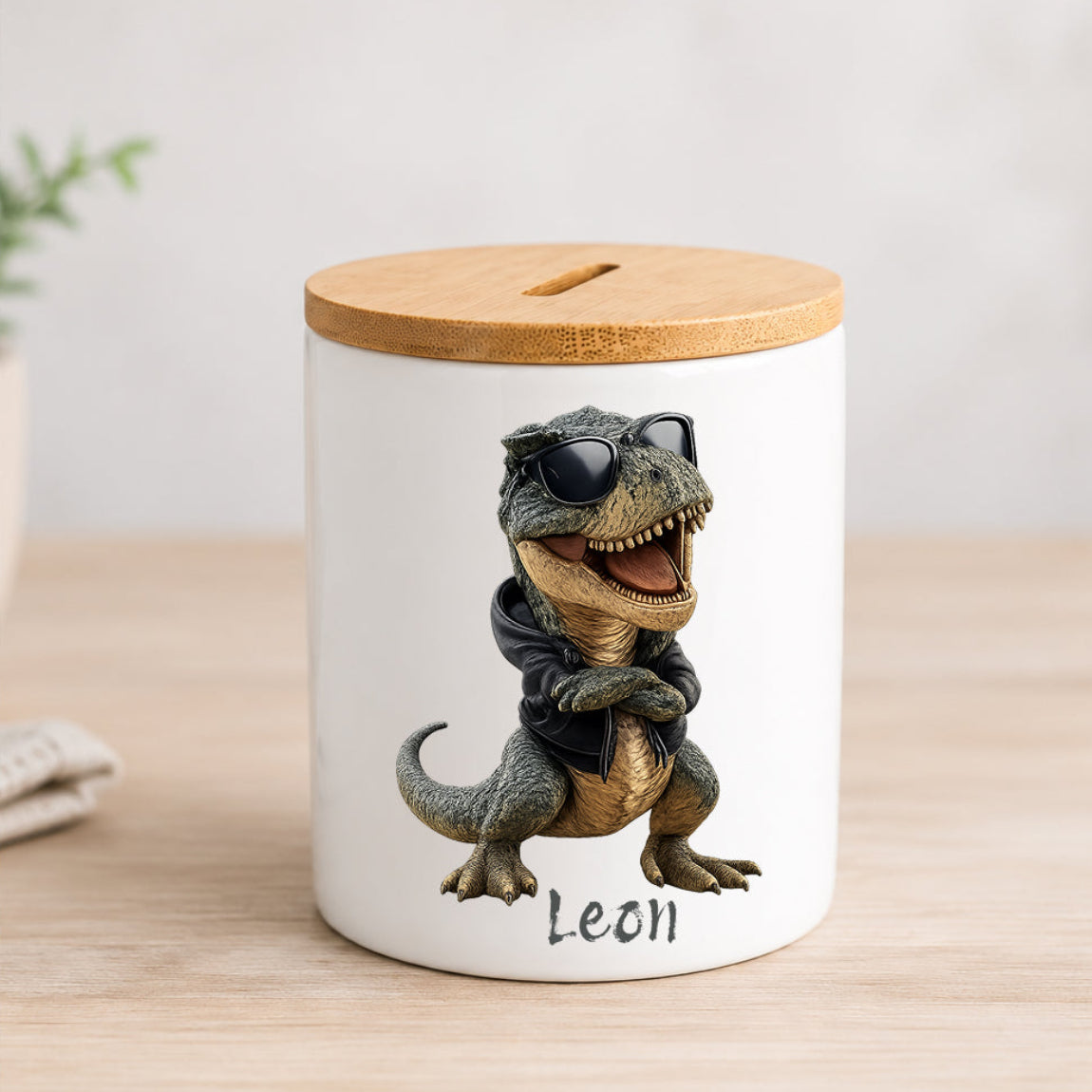 Personalisierte Dino Spardose mit Bambusdeckel – Keramik Spardose mit Name für Kinder