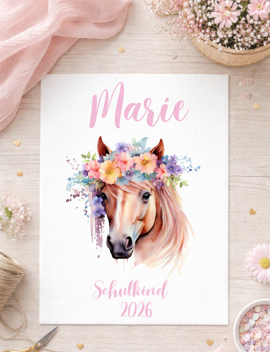 Personalisiertes Pferd DTF Bügelbild Set Schulkind 2026 für Einschulung