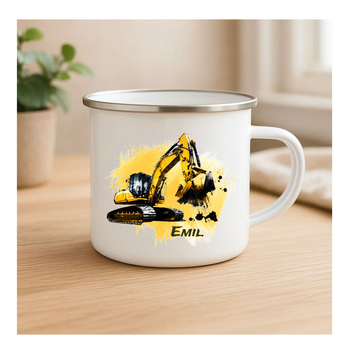 Personalisierte Emailletasse mit modernem Baggermotiv, beidseitig bedruckt, personalisierbar mit Name und Zahl, für Kinder und kleine Baustellen-Fans