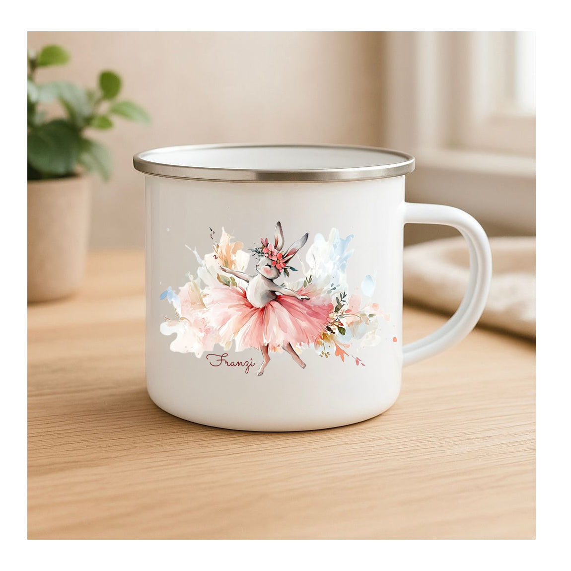 Personalisierte Emailletasse mit Ballerina-Häschen im Aquarellstil, beidseitig bedruckt, personalisierbar mit Name, für Kinder und Mädchen
