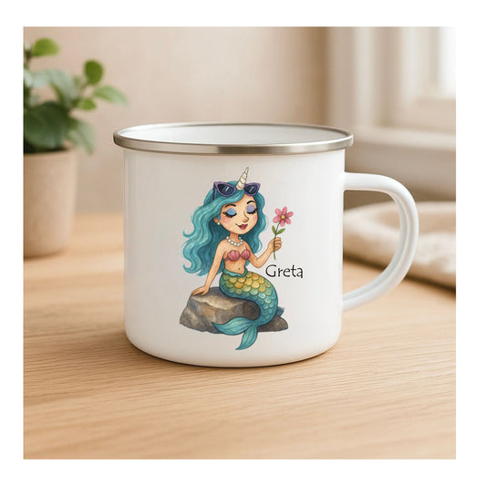Personalisierte Emailletasse mit Einhorn-Meerjungfrau, beidseitig bedruckt, personalisierbar mit Name & Alter, für Kinder und kleine Fantasy-Fans