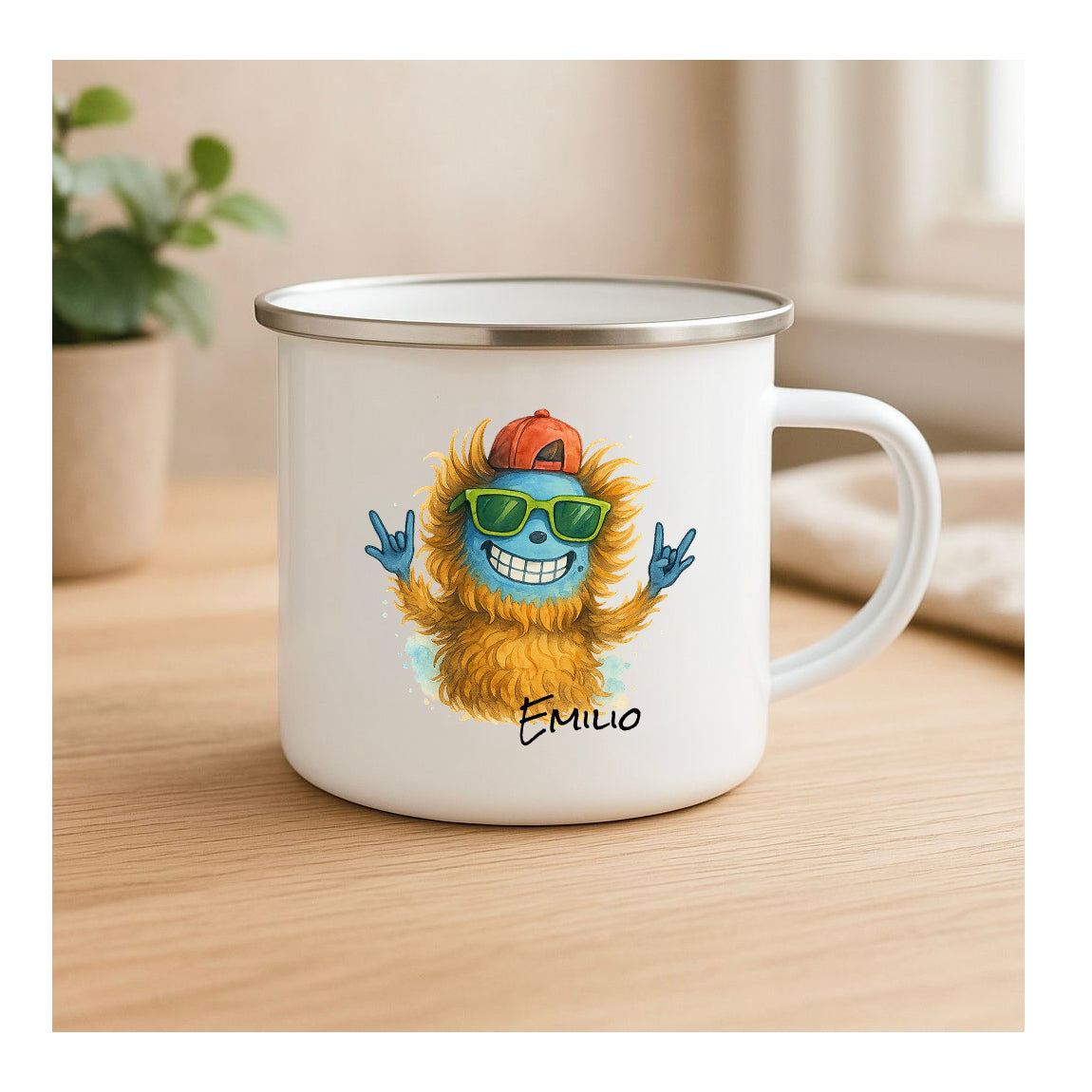 Personalisierte Emailletasse „Cooles Monsterchen Brother“, beidseitig bedruckt, für Jungs, Geschwistergeschenk, süßes Monster-Motiv