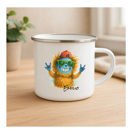Personalisierte Emailletasse „Cooles Monsterchen Brother“, beidseitig bedruckt, für Jungs, Geschwistergeschenk, süßes Monster-Motiv