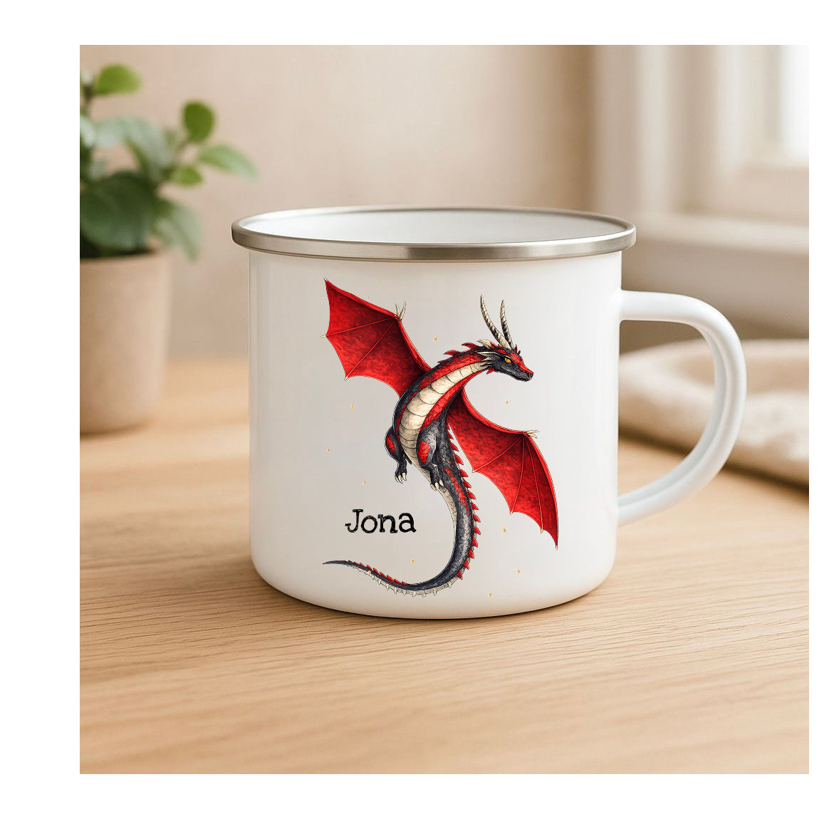Emailletasse Drache fliegend in zwei Farben