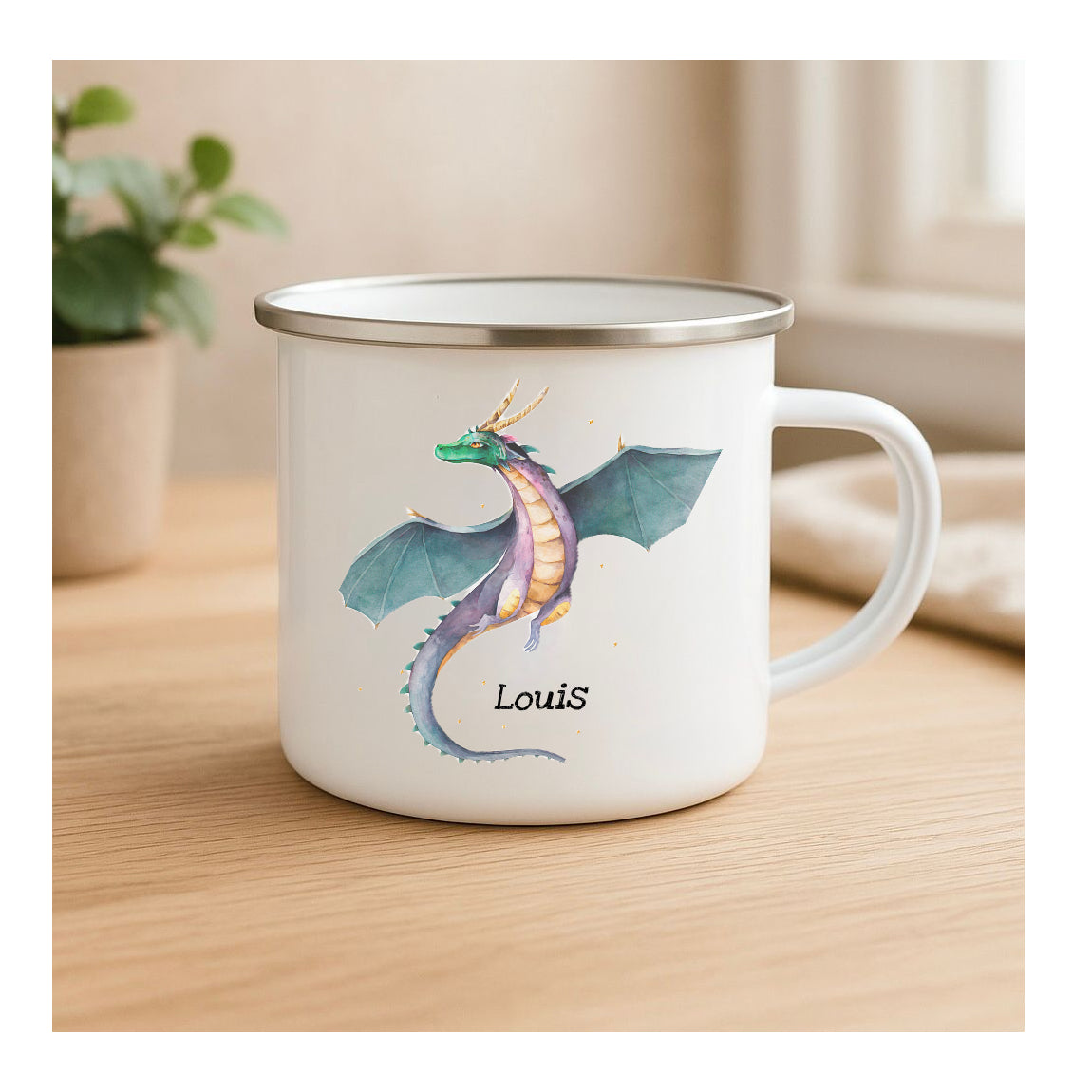 Beidseitig bedruckte Emailletasse mit Drachen, perfektes Geschenk für Kinder und Erwachsene