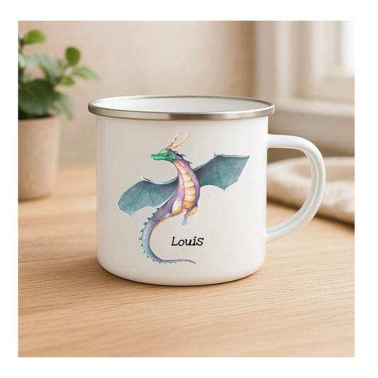 Beidseitig bedruckte Emailletasse mit Drachen, perfektes Geschenk für Kinder und Erwachsene