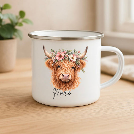 Personalisierte Emailletasse Hochlandrind mit Name
