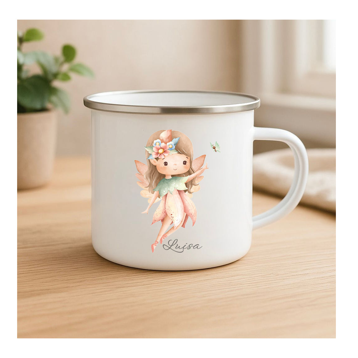 Emailletasse mit Fee und Schmetterling, Vintage-Look, kratzfester Sublimationsdruck, leichte Kindertasse für Outdoor und Geschenk