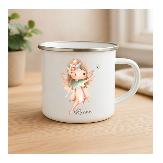Emailletasse mit Fee und Schmetterling, Vintage-Look, kratzfester Sublimationsdruck, leichte Kindertasse für Outdoor und Geschenk