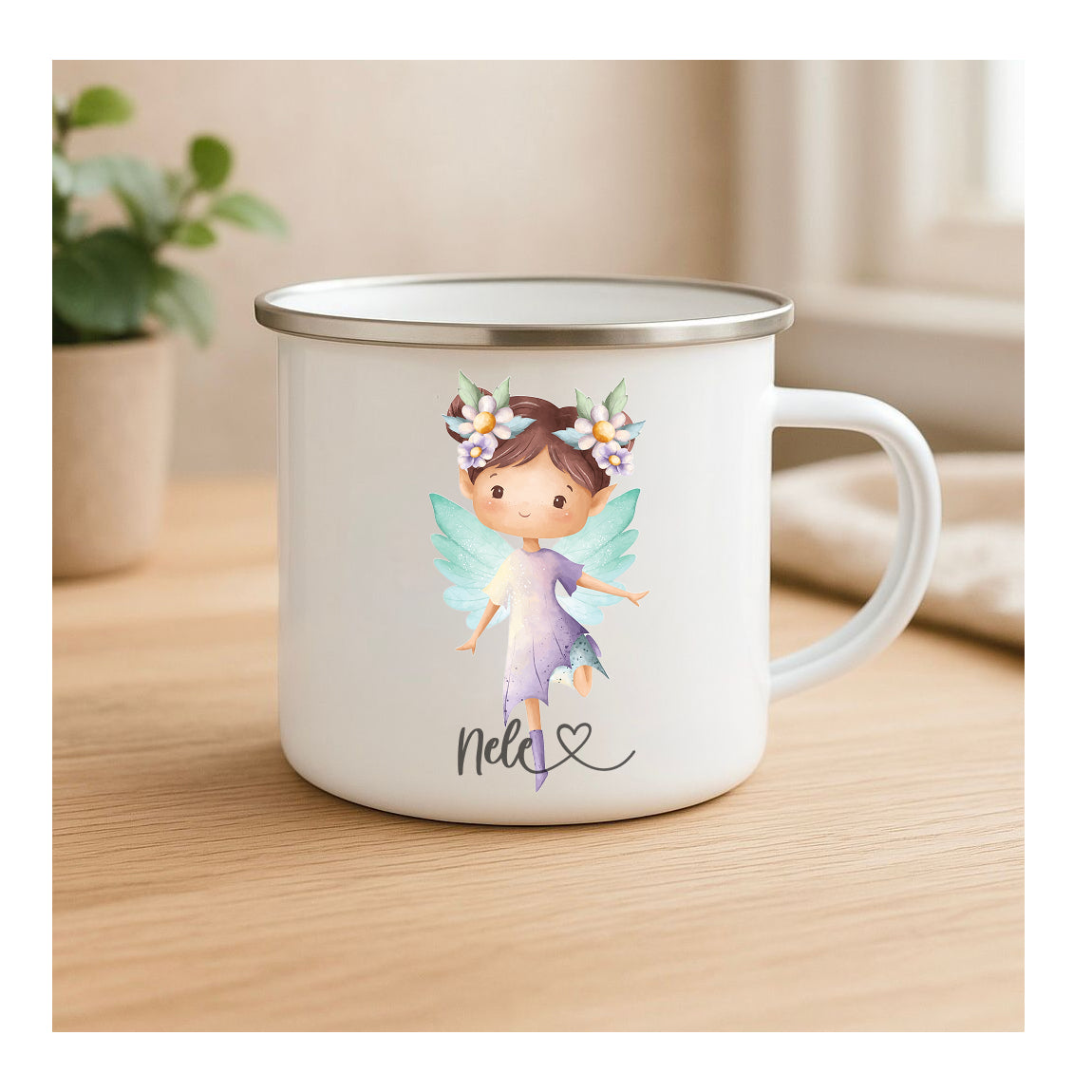 Emailletasse mit Fee und Blumen, Vintage-Look, kratzfester Sublimationsdruck, leichte Kindertasse für Outdoor und Geschenk