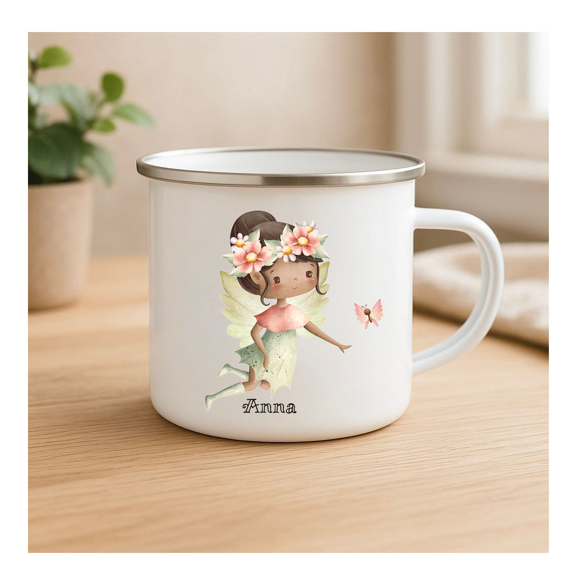 Emailletasse mit Fee und Schmetterling, Vintage-Look, kratzfester Sublimationsdruck, leichte Kindertasse für Outdoor und Geschenk