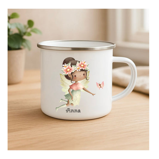 Emailletasse mit Fee und Schmetterling, Vintage-Look, kratzfester Sublimationsdruck, leichte Kindertasse für Outdoor und Geschenk