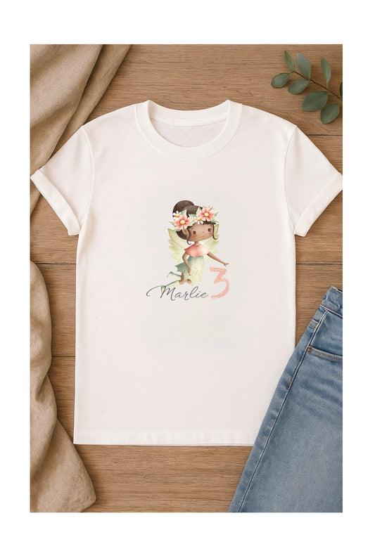 DTF Bügelbild Fee für Kinder, personalisierbar mit Name und Zahl, ideal für Geburtstagsshirts und Waldfeen-Outfits