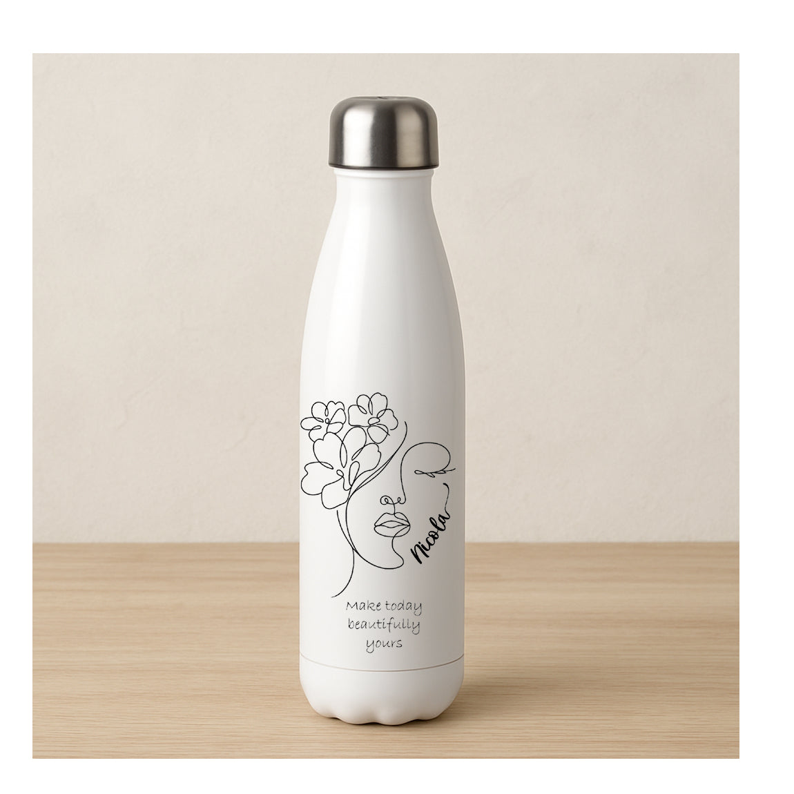 Personalisierte Edelstahl-Thermosflasche mit Line-Art-Blumenmotiv und Wunschname in verschiedenen Farbverläufen.