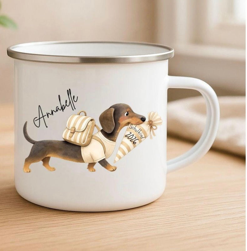 „Schuldackel“ Personalisierte Tasse – Einschulungsgeschenk für Schulkinder | Keramik- & Emailletasse
