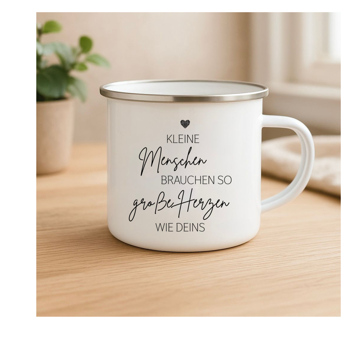 Emailletasse mit Spruch „Kleine Herzen brauchen so große Herzen wie Deins“ – Geschenk für Mama, Erzieherin oder Herzensmenschen