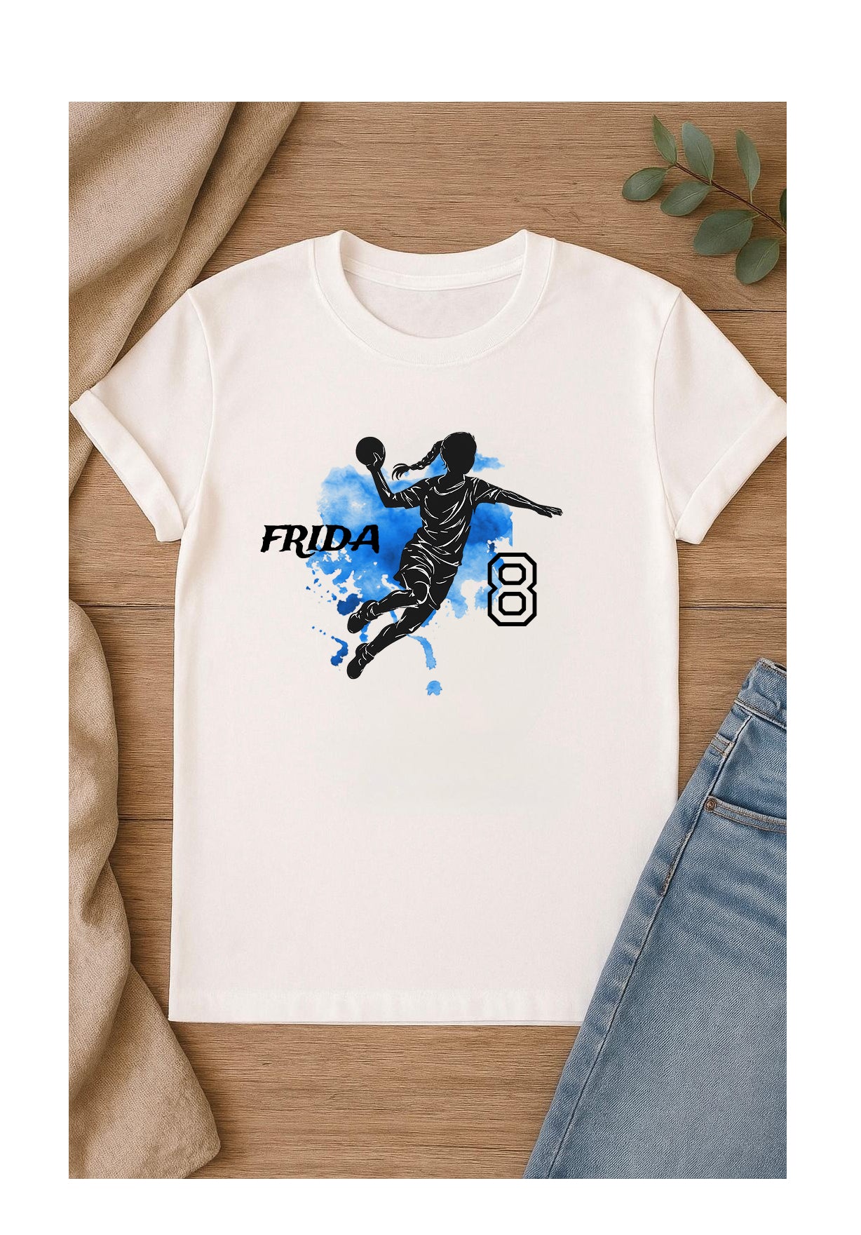 Handball DTF Bügelbild weiblich, blauer Hintergrund, Bügelbild  Teamwear und Sportbekleidung