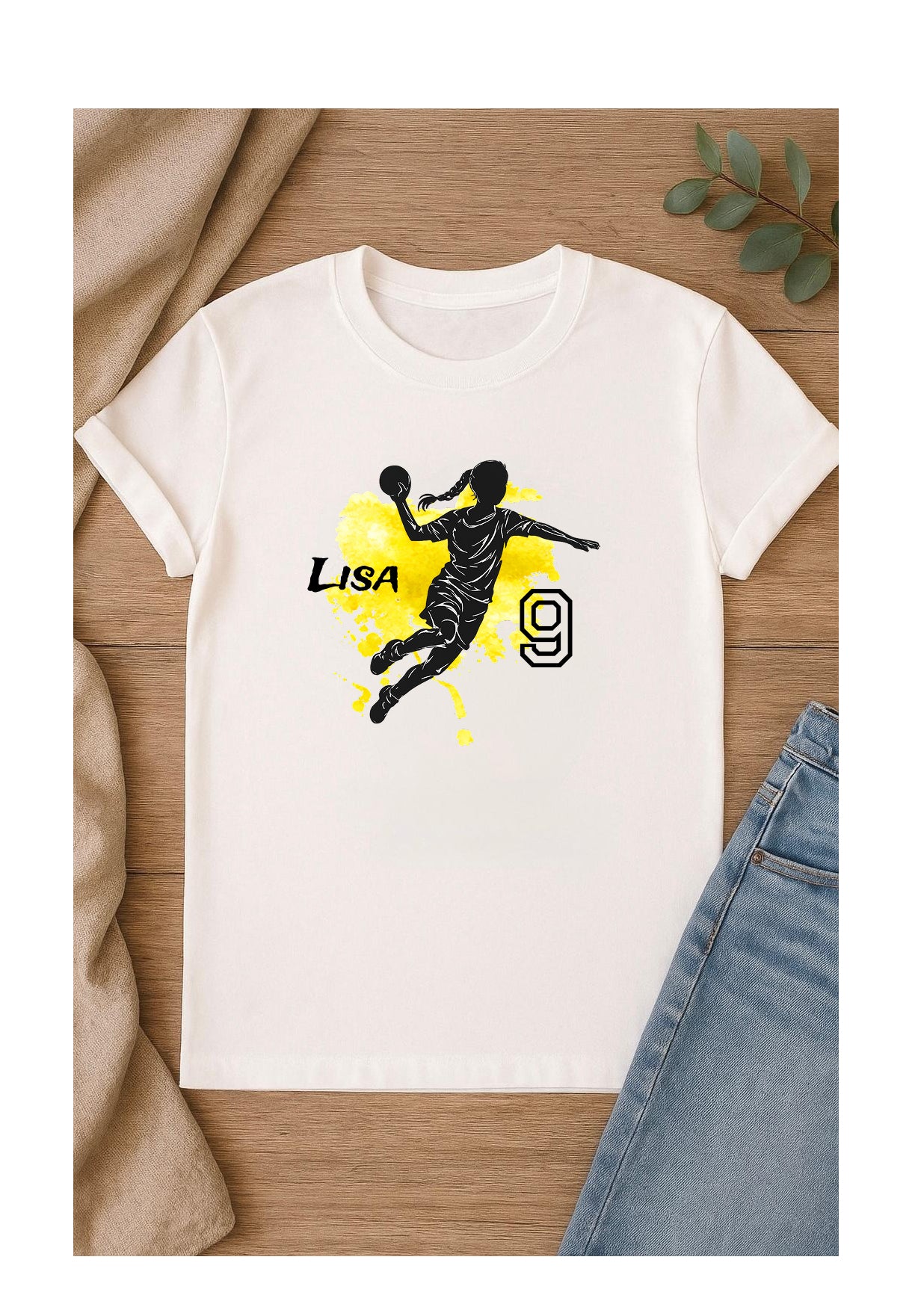 DTF Bügelbild Handball Motiv im Sprungwurf, farbiger Hintergrund, für Sportshirt, Verein und Freizeit