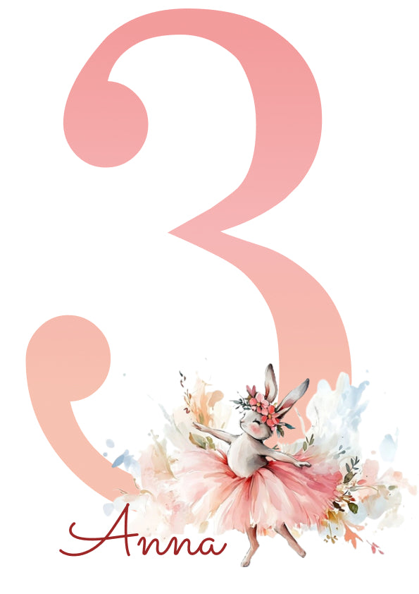 DTF Bügelbild Ballerina-Hase, detailreiches Tutu und große Zahl sichtbar