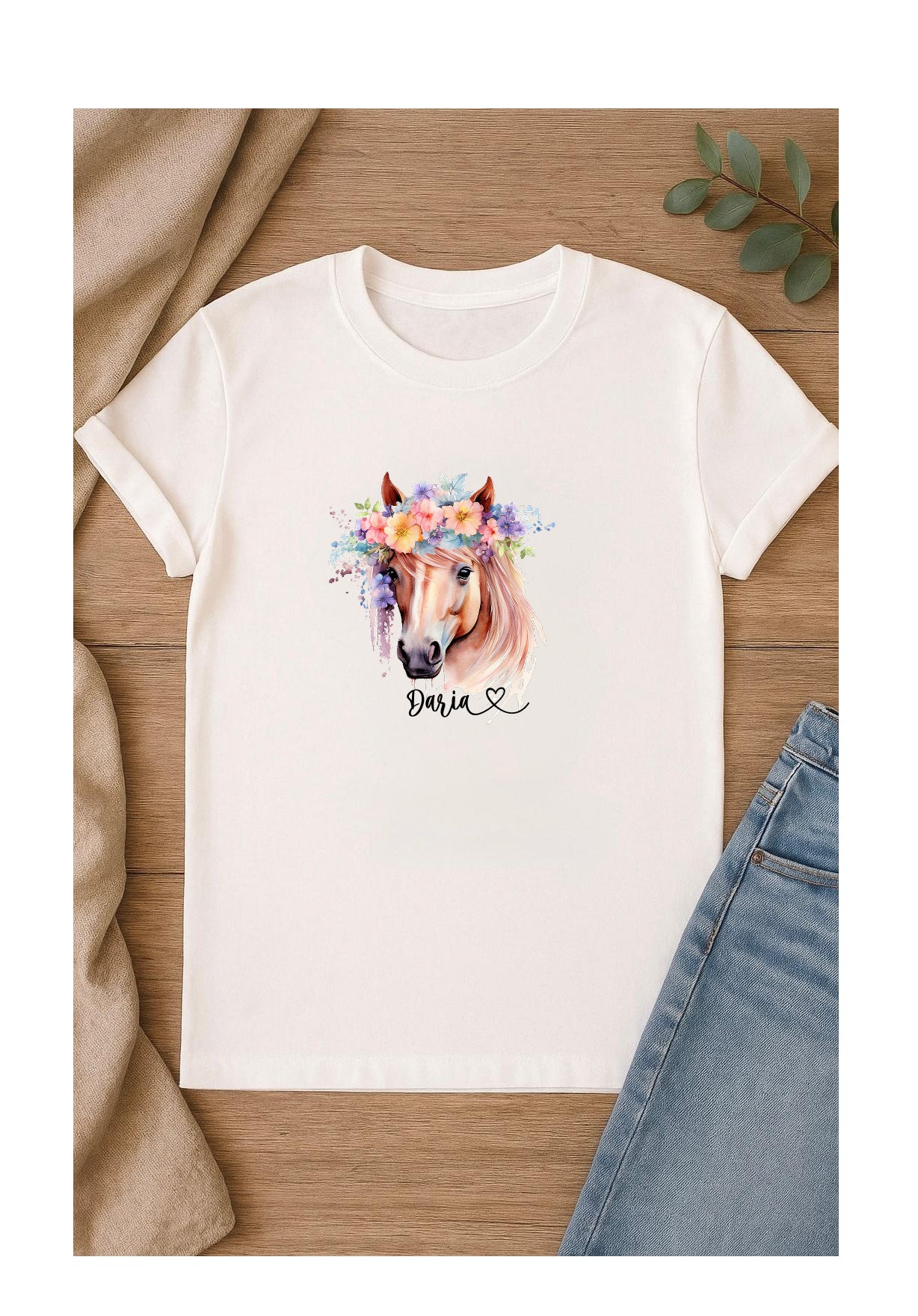 DTF Bügelbild Pferdekopf mit Blumen für Kinder, personalisierbar mit Name, farbintensiv, perfekt für Geburtstag, Reitverein oder Pferdefans