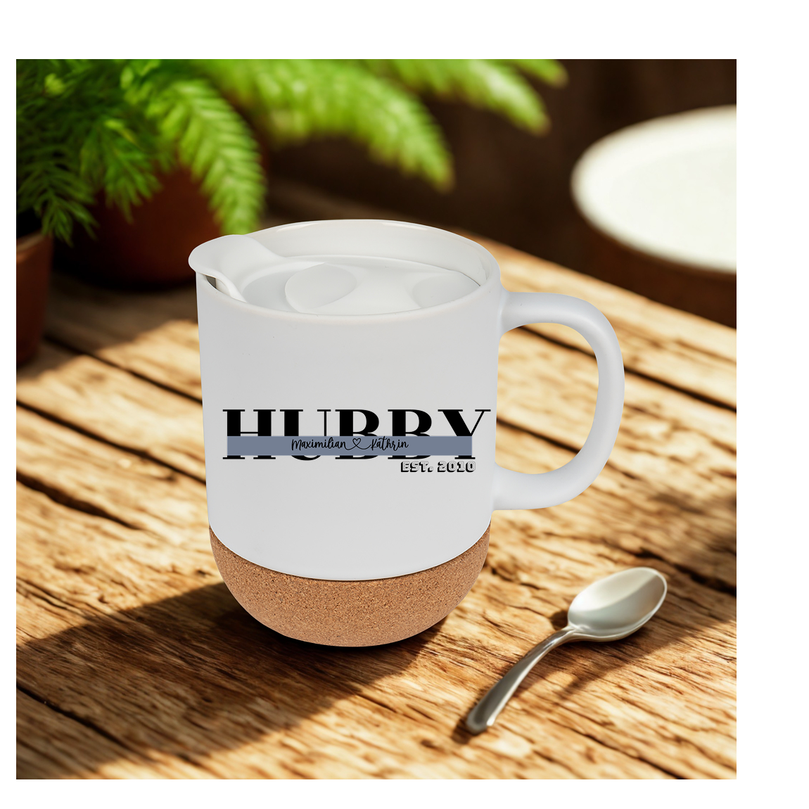 Beispiel einer Hubby Tasse mit individuellem Namen und Hochzeitsjahr, personalisiertes Hochzeitsgeschenk für Männer