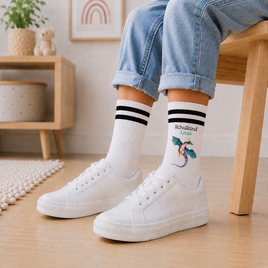 Personalisierte Drachen-Socken zur Einschulung mit Name | Schulkind 2026 | zwei Farben