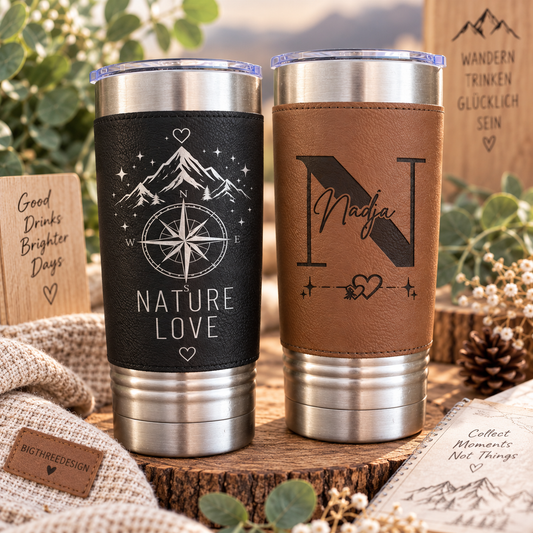 Personalisierter Thermobecher Nature Love in Schwarz und Braun mit Kunstleder und Gravur