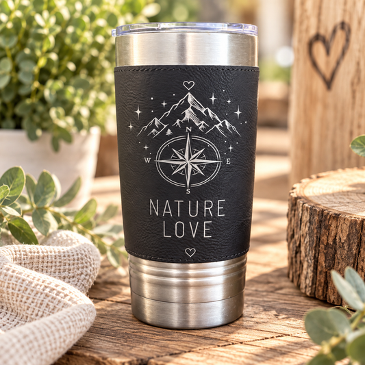 Thermobecher Nature Love braun und schwarz mit Lasergravur und Namen