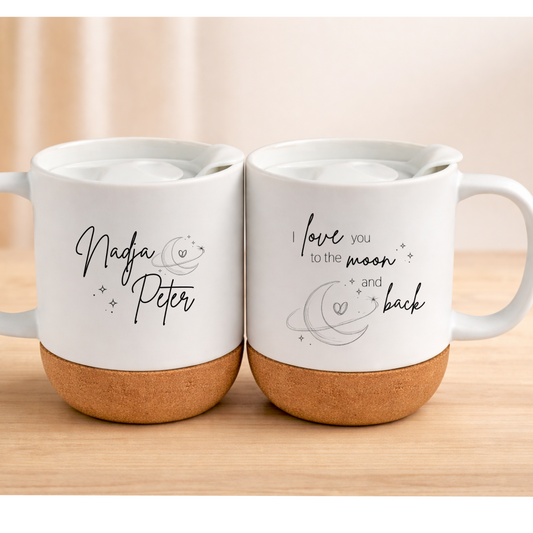 Personalisierte Tasse mit Spruch „I love you to the moon and back“ und Namen auf der Rückseite – Geschenk für Herzensmenschen