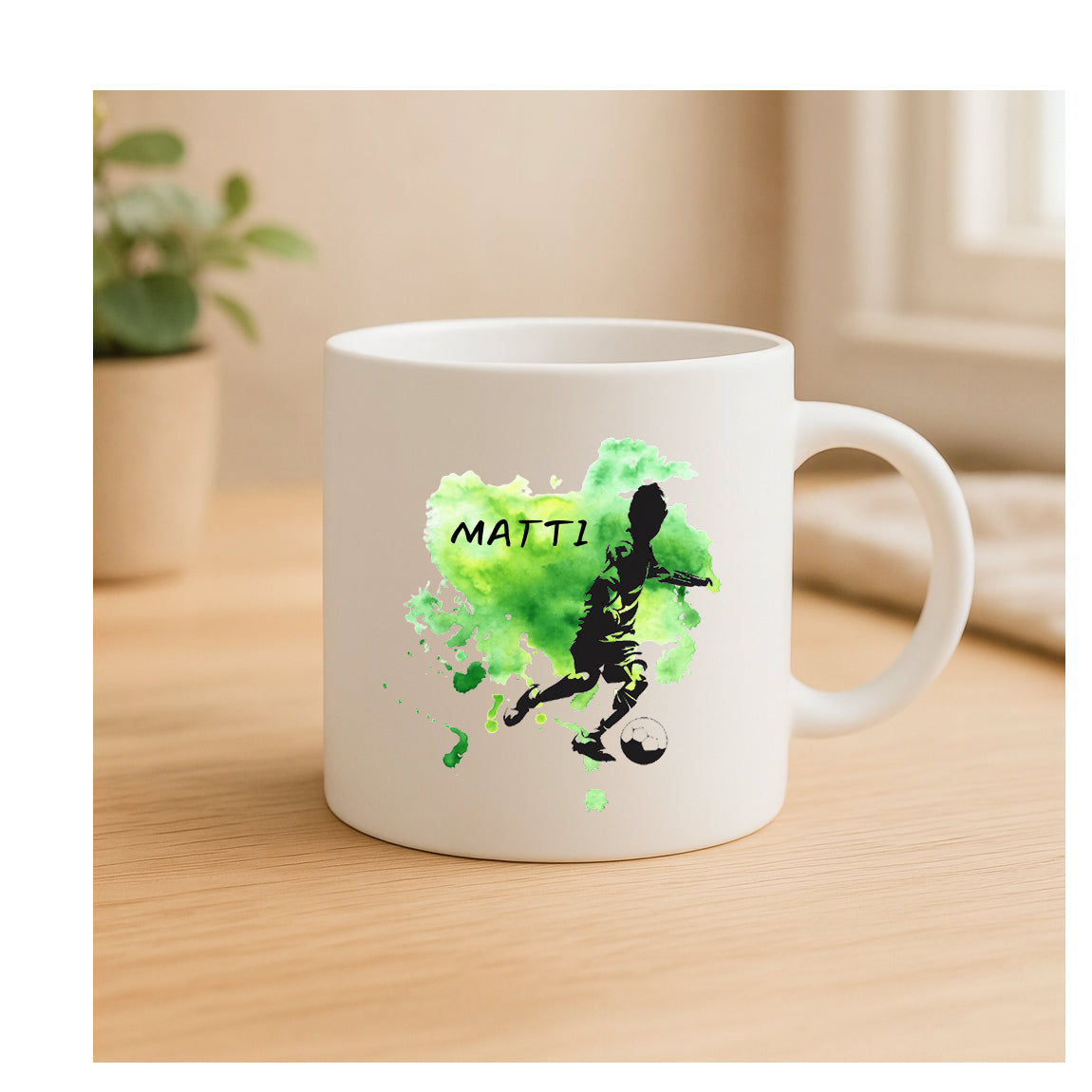 Personalisierte Keramiktasse mit Fußballer-Motiv, Schwarz-Silhouette, Farbklecks-Hintergrund, beidseitig bedruckt, personalisierbar für Kinder, Jugendliche & Erwachsene