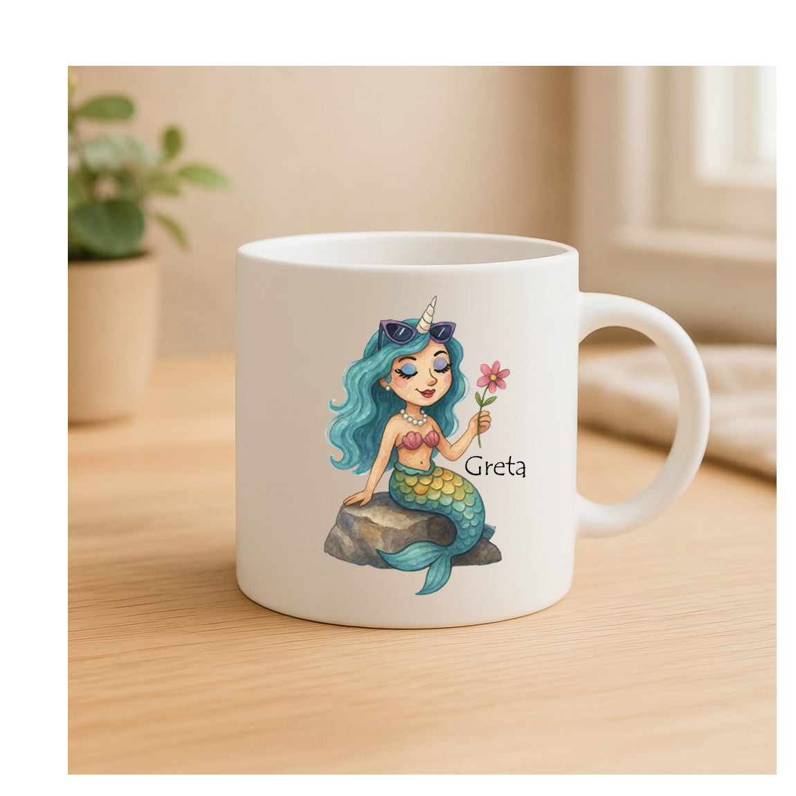 Personalisierte Keramiktasse mit Einhorn-Meerjungfrau, beidseitig bedruckt, personalisierbar mit Name & Alter, für Kinder und kleine Fantasy-Fans