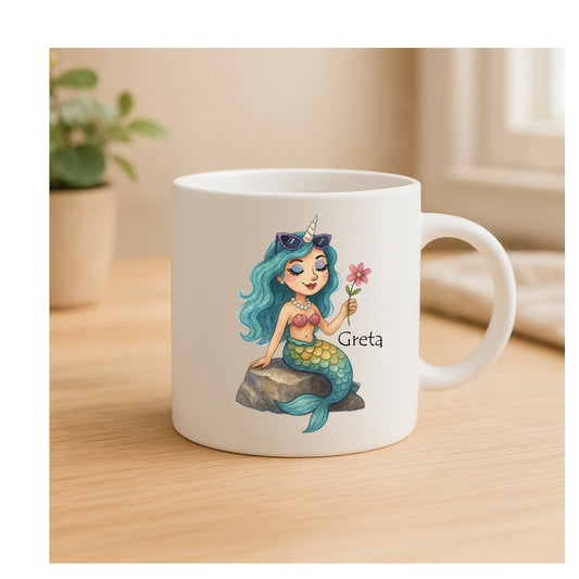 Personalisierte Keramiktasse mit Einhorn-Meerjungfrau, beidseitig bedruckt, personalisierbar mit Name & Alter, für Kinder und kleine Fantasy-Fans