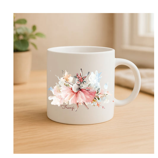 Personalisierte Keramiktasse mit Ballerina-Häschen im Aquarellstil, beidseitig bedruckt, personalisierbar mit Name, für Kinder und Mädchen