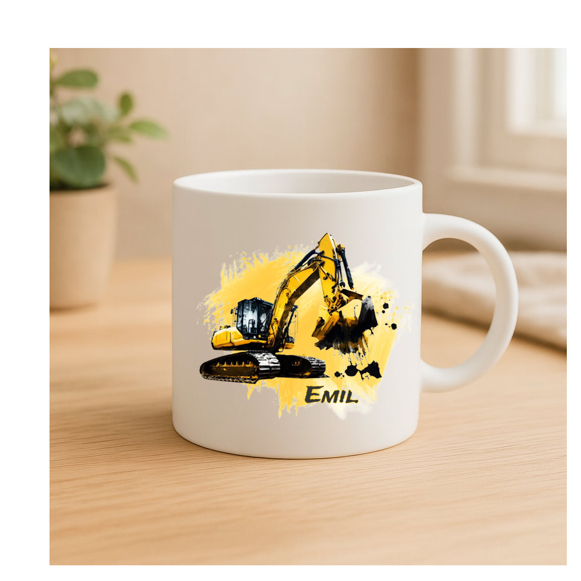 Personalisierte Keramiktasse mit modernem Baggermotiv, beidseitig bedruckt, personalisierbar mit Name und Zahl, für Kinder und kleine Baustellen-Fans