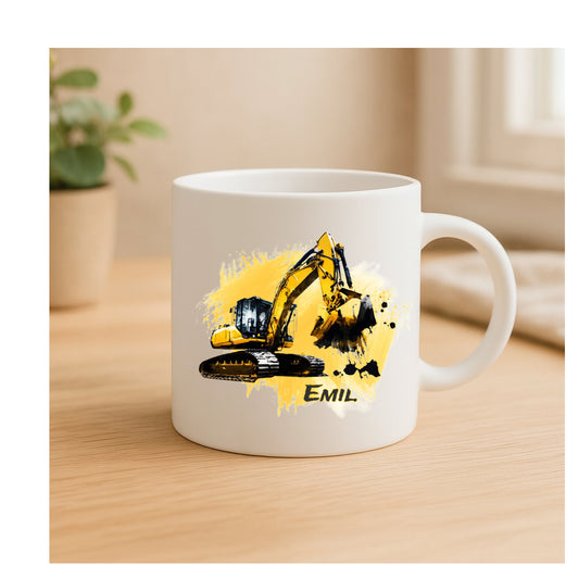 Personalisierte Keramiktasse mit modernem Baggermotiv, beidseitig bedruckt, personalisierbar mit Name und Zahl, für Kinder und kleine Baustellen-Fans